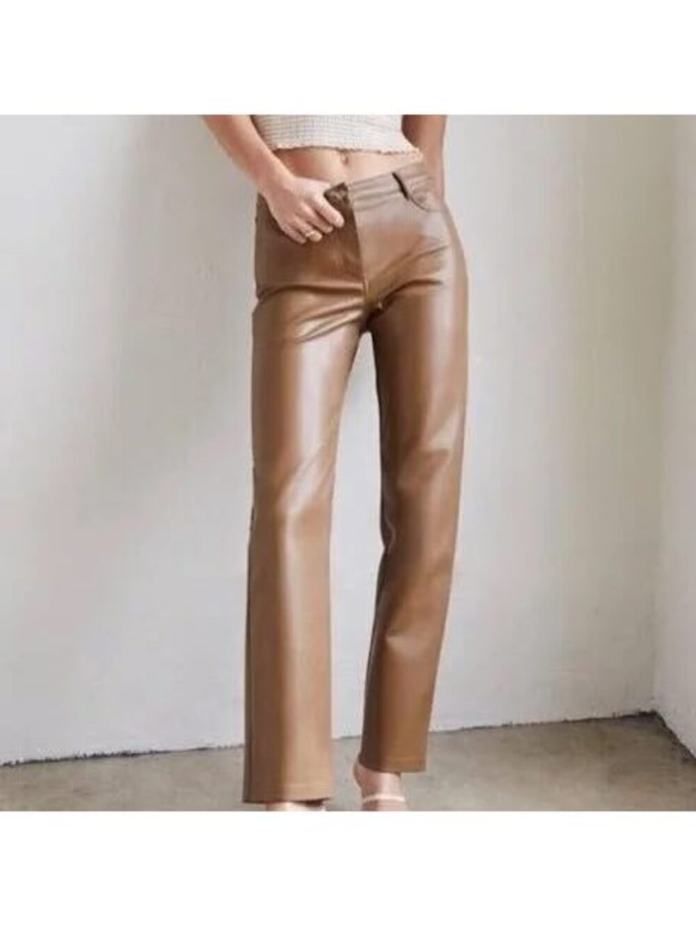 Aritzia Wilfred Melina Vegan Leather Pants Size 8 Light Taupe Brown Straight Leg